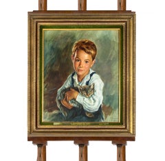 Henrique Medina Portrait of a Boy with Cat, Gouache, 1961