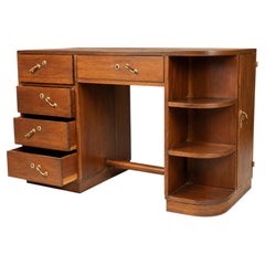 French Art Deco Walnut Desk with Brass Hardware, 20th Century