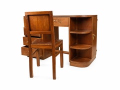 French Art Deco Walnut Desk with Brass Hardware, 20th Century