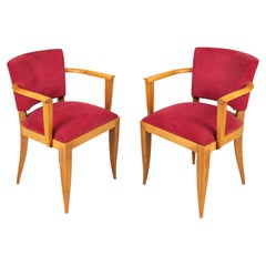 Pair of French Art Deco Wood Armchairs in Cherry Pink Velvet, 1940s