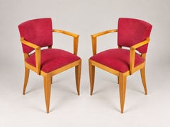 Pair of French Art Deco Wood Armchairs in Cherry Pink Velvet, 1940s
