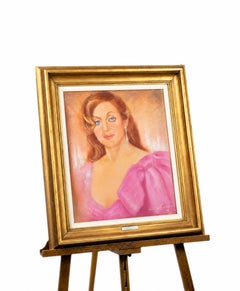 Elegant 1980s Female Self-Portrait in Pink Couture-Inspired Gown, Signed Oil
