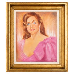 Elegant 1980s Female Self-Portrait in Pink Couture-Inspired Gown, Signed Oil