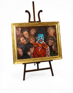 Large Theatrical Pierrot Clown and Children Oil Painting, Signed, 1980