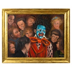 Large Theatrical Pierrot Clown and Children Oil Painting, Signed, 1980