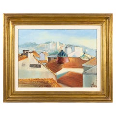 N. Luís Mediterranean City Rooftops Modernist Oil Painting, 1980