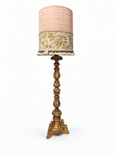 Baroque Style Carved Wood Floor Lamp with Floral Fabric Shade, 20th Century