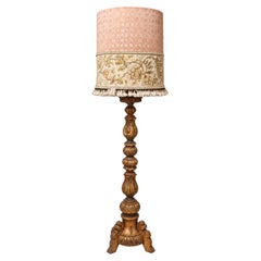 Baroque Style Carved Wood Floor Lamp with Floral Fabric Shade, 20th Century
