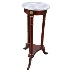 Neoclassical Empire Style Cherry Pedestal Stand with Marble Top and Brass