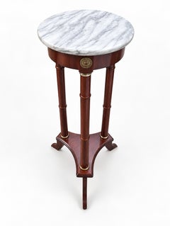 Neoclassical Empire Style Cherry Pedestal Stand with Marble Top and Brass