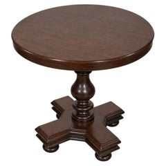 Round Dark Wood Side Table with Turned Pedestal and Cross-Shaped Base