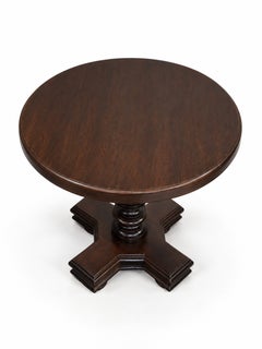Round Dark Wood Side Table with Turned Pedestal and Cross-Shaped Base
