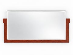 Art Deco–Style Walnut Rectangular Bevelled Wall Mirror with Geometric Wood Frame
