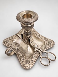 18th Century Baroque Silver Chamberstick with Wick-Trimming Scissors
