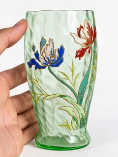 French Art Nouveau Green Polychrome Glass Tumbler in Legras Style, 20th Century
