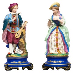 Pair Porcelain Figurines Guitar Player & Singer, 19th Century, France