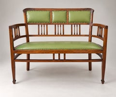 1940s Art Deco Canapé Sofa in Walnut with Sage Green Leather and Brass Studs