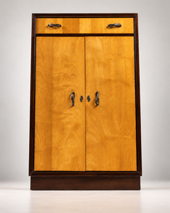 1940s Art Deco Wood Cabinet with Brass Handles, Drawer and Five Shelves