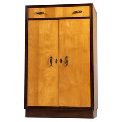 1940s Art Deco Wood Cabinet with Brass Handles, Drawer and Five Shelves