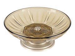 French Art Deco Smoked Gray Glass Centerpiece with Metal Pedestal Base