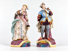Pair Baroque Faience Statues, Rococo Revival, Oversized Figurines, 19th Century