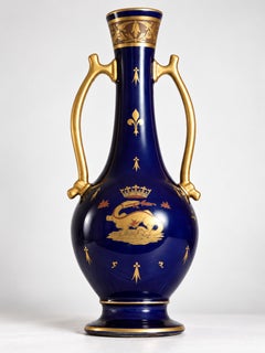 Antique French Limoges Cobalt Blue Porcelain Gilt Amphora Vase, 1853