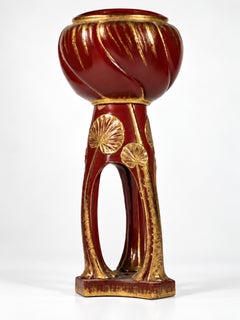 Cachepot con piedistallo rosso Art Nouveau, Delphin Massier Majolica, 1900