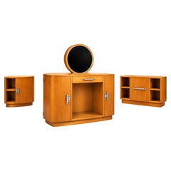 1940s Art Deco Three-Piece Bedroom Set in Honey-Colored Wood with Vanity Cabinet