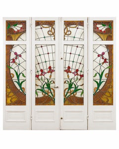 Art Nouveau Stained Glass Panel Doors, French, Brass & Wood, 1900-1916