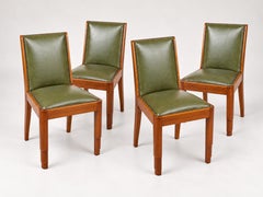 Art Deco Set of Four Dining Chairs, Green Leather & Walnut, 1920s