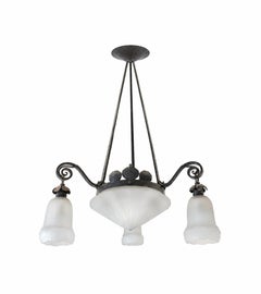 French Provincial Wrought Iron Ceiling Light with Frosted Glass, 1900s