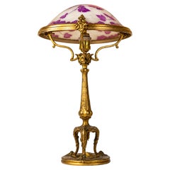 French Art Nouveau Bronze Table Lamp with Purple Cameo Glass, circa 1900