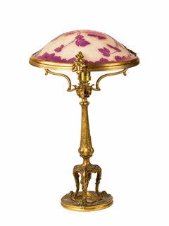 French Art Nouveau Bronze Table Lamp with Purple Cameo Glass, circa 1900