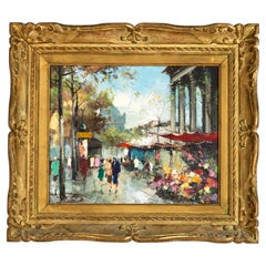 Cuadro posimpresionista del mercado de flores de París, firmado, hacia 1950