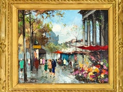 Cuadro posimpresionista del mercado de flores de París, firmado, hacia 1950