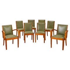 Art Deco Set of Eight Dining Chairs, Green Leather & Walnut, 1920s