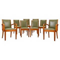 Art Deco Set of Eight Dining Chairs, Green Leather & Walnut, 1920s