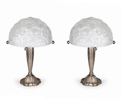 Ein Paar Lalique Art Deco Tischlampen aus vernickeltem Messing, 1920er Jahre