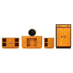 1940s Art Deco 4-Piece Bedroom Set with Vanity Mirror and Wood Cabinets