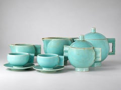 Service à thé Art déco Robj Paris, service « tête-à-tête » en céramique bleu œuf de merle, France, années 1920
