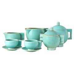 Service à thé Art déco Robj Paris, service « tête-à-tête » en céramique bleu œuf de merle, France, années 1920