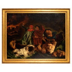 Very Large Oil Painting After Eugène Delacroix, The Barque of Dante, Gilt Frame
