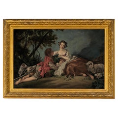 19th Century Rococo Style Oil Painting of Two Lovers After François Boucher