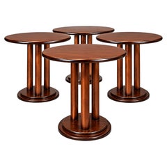 Set of 4 Art Deco Round Cherry Wood Pedestal Side Tables, 20th Century