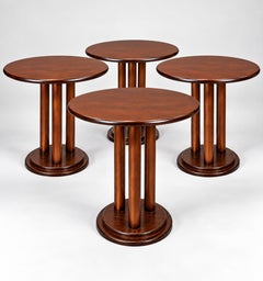 Set of 4 Art Deco Round Cherry Wood Pedestal Side Tables, 20th Century