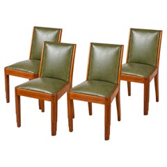 Art Deco Set of Four Dining Chairs, Green Leather & Walnut, 1920s