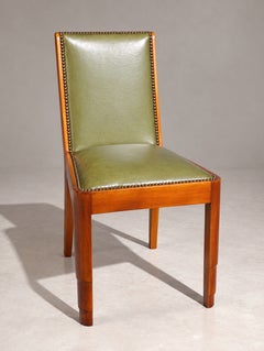 Art Deco Set of Four Dining Chairs, Green Leather & Walnut, 1920s