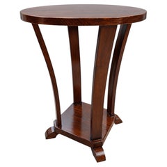 Vintage Art Deco Style Round Oak Side Table with Curved Legs, Dark Reddish-Brown