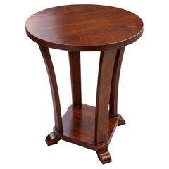 Vintage Art Deco Style Round Oak Side Table with Curved Legs, Dark Reddish-Brown