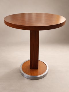 Table d'appoint vintage ronde en bois de teck sur pied, avec placage géométrique et piètement en métal